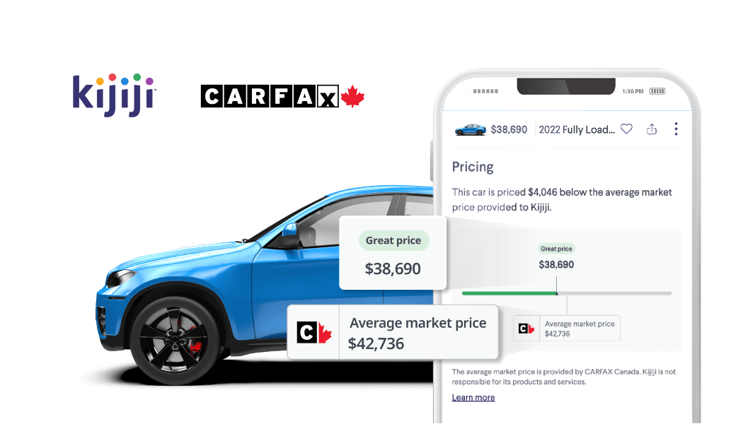 Blue SUV beside Kijiji and CARFAX Canada logos with a phone screen showing a great vehicle price below market value.