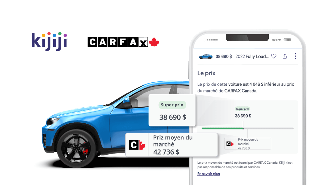 VUS bleu à côté des logos de Kijiji et CARFAX Canada, avec un écran de téléphone affichant un prix avantageux pour un véhicule, inférieur à la valeur marchande. 