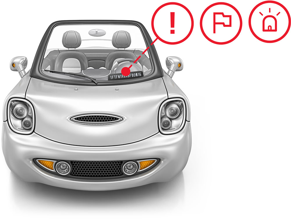 Car with fraud warning symbols