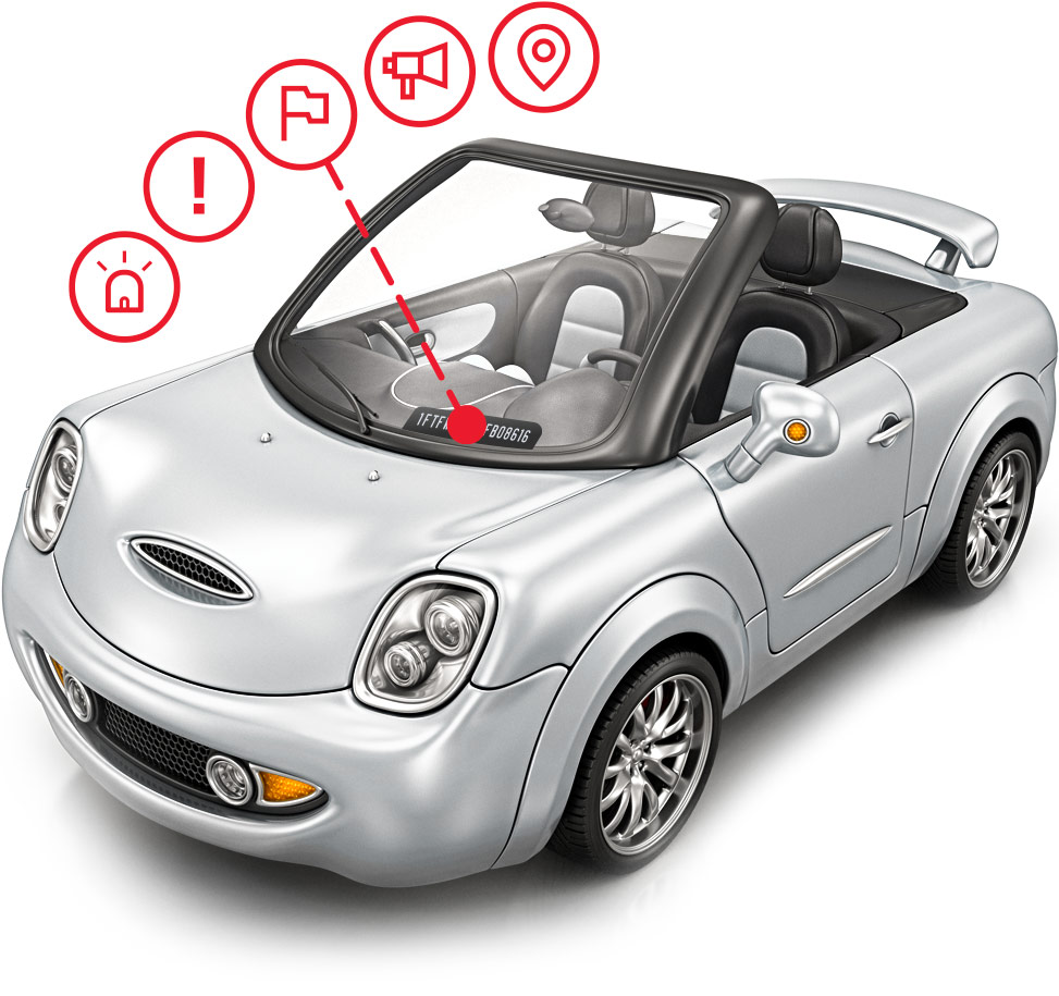 Car with fraud warning symbols