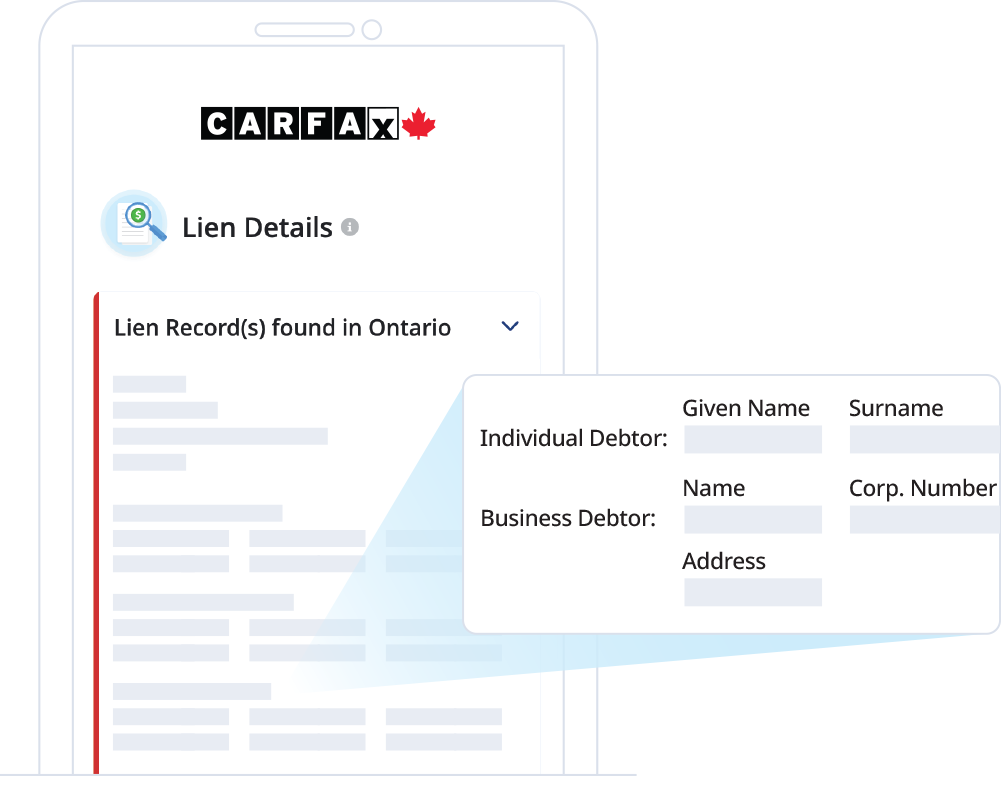 An illustration of an example lien check with lien details and records found in Ontario. 