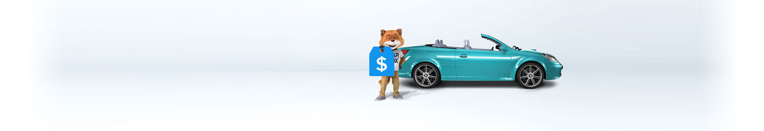 CARFAX Canada’s mascot, CAR FOX, standing in front of a sedan.