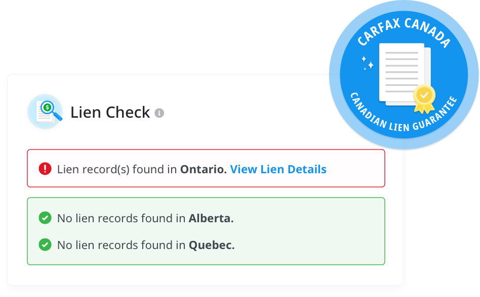 The Lien Check section of a CARFAX Canada Vehicle History Report plus Lien Check showing that a single lien was found in Ontario.
