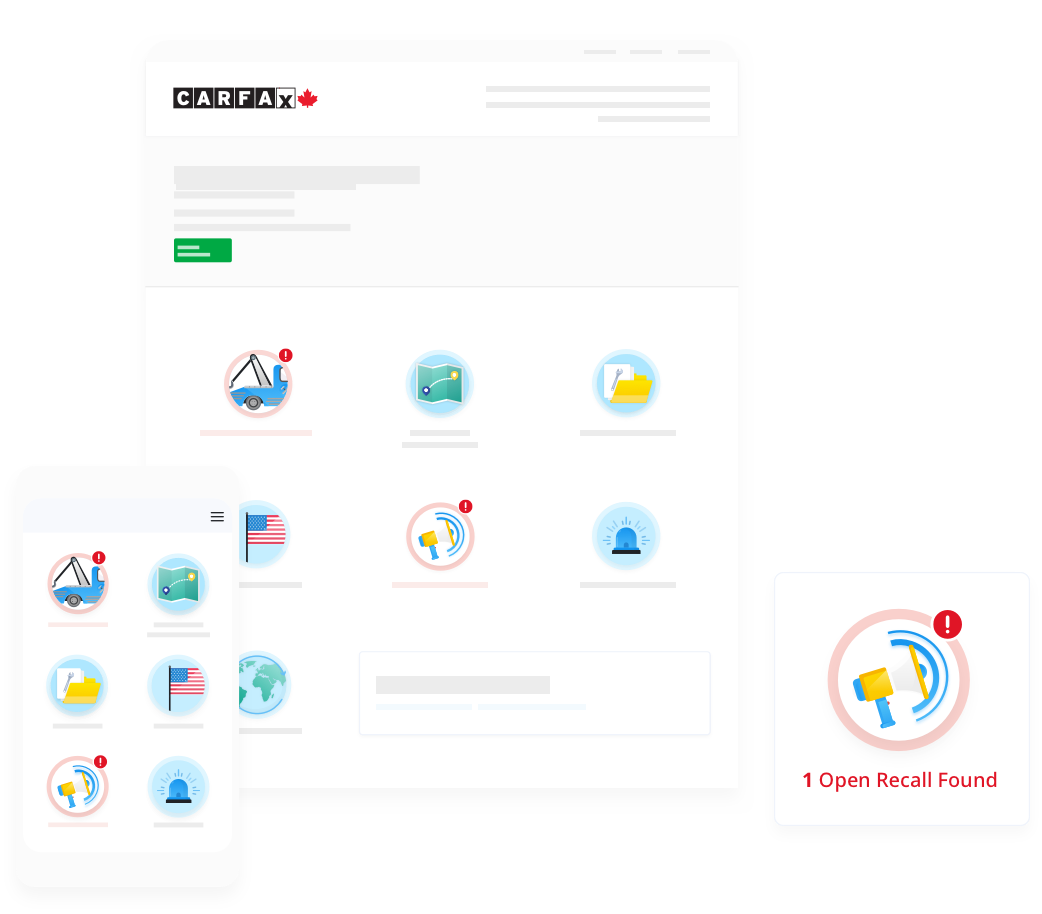 A CARFAX Canada Vehicle History Report displayed digitally and on a cell phone with a recall alert icon.